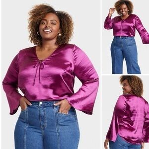 Ava & Viv Magenta satiny Blouse with Flared Sleeves NWOT